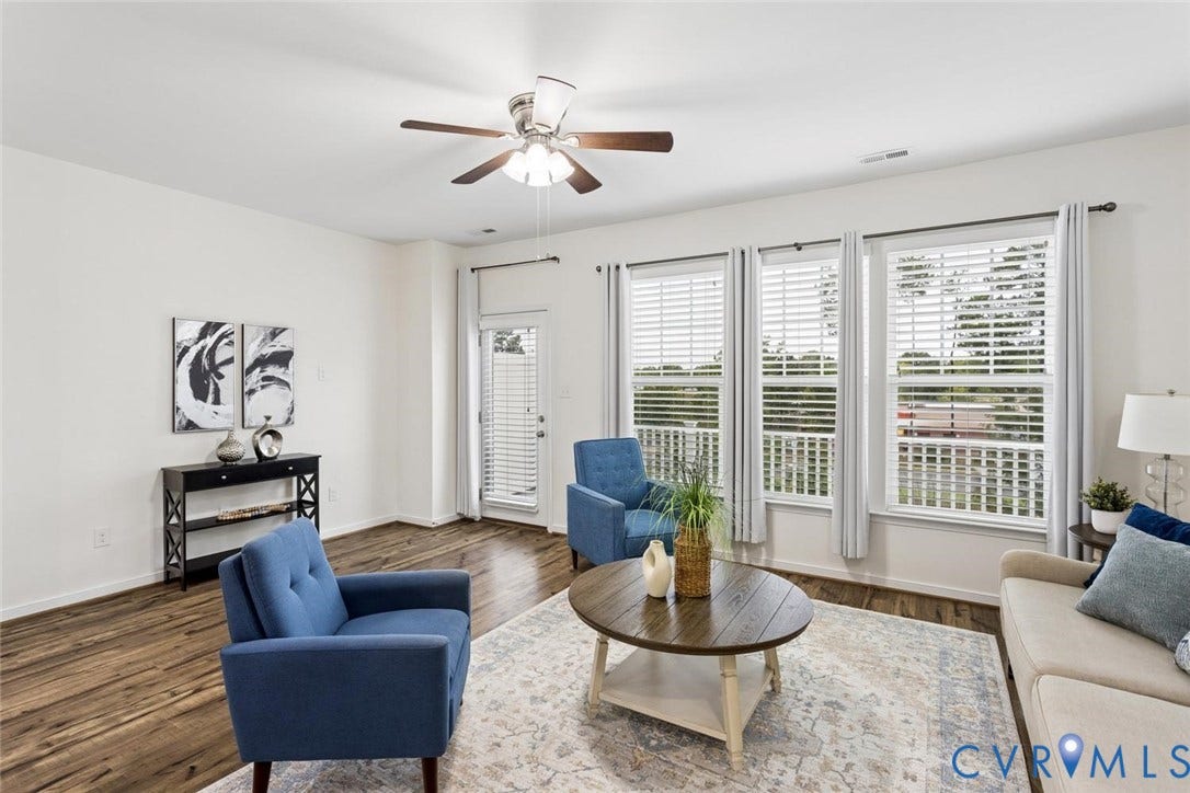 10420 Perennial Drive, Ridgefield Green Townhome, Henrico, VA 23233 Spacious room with wood-finish flooring, ceiling fan, and multiple windows
