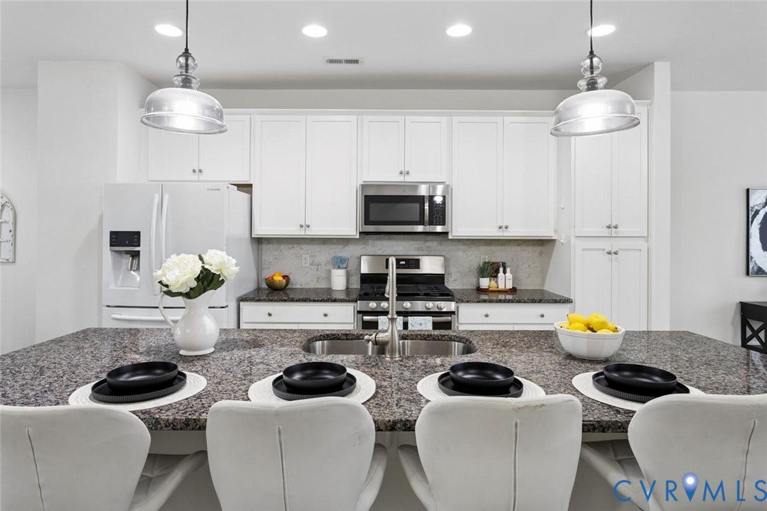 10420 Perennial Drive, Ridgefield Green Townhome, Henrico, VA 23233 Granite-surfaced kitchen island with an undermount sink, stainless steel faucet, and pendant lighting