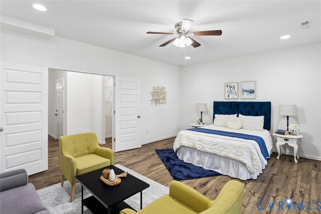 10420 Perennial Drive, Ridgefield Green Townhome, Henrico, VA 23233 Recessed lighting, wood-finish flooring, ceiling fan with light fixture, white interior doors, and crisp white walls