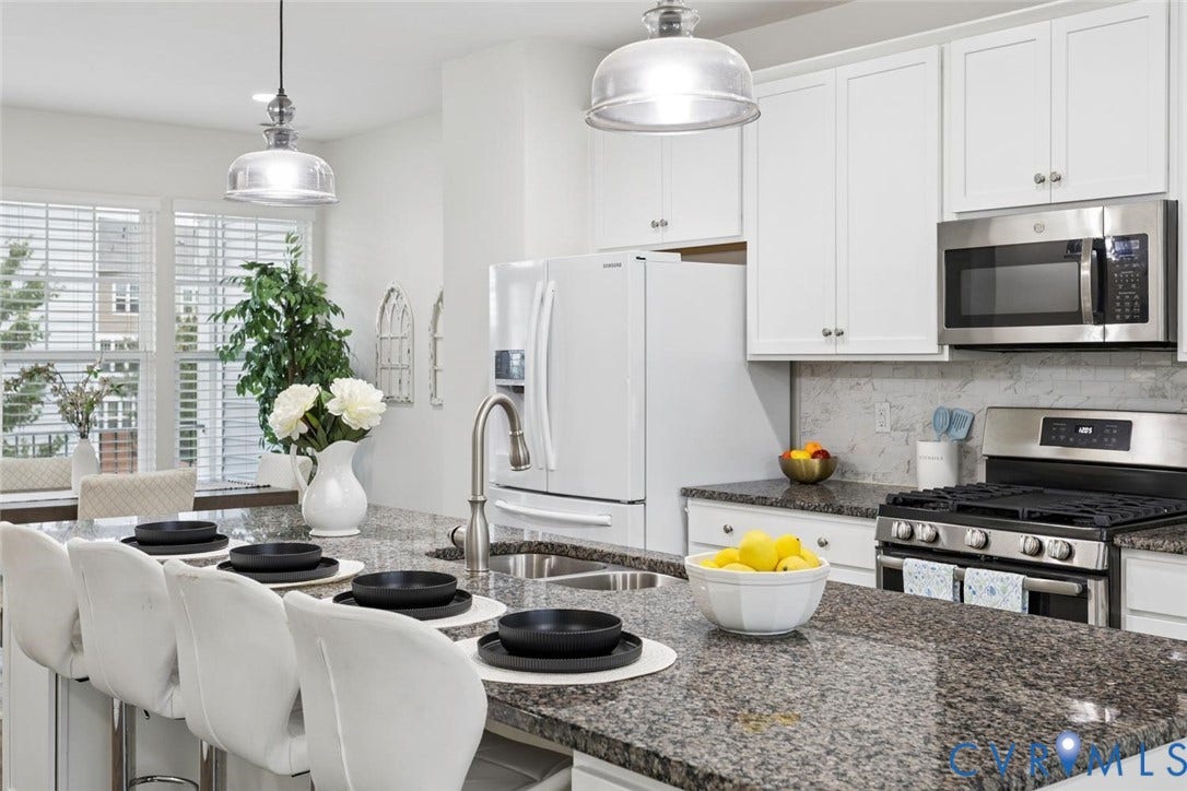 10420 Perennial Drive, Ridgefield Green Townhome, Henrico, VA 23233 Spacious kitchen featuring an expansive island with an undermount sink, white cabinetry, stainless steel appliances, and a tiled backsplash