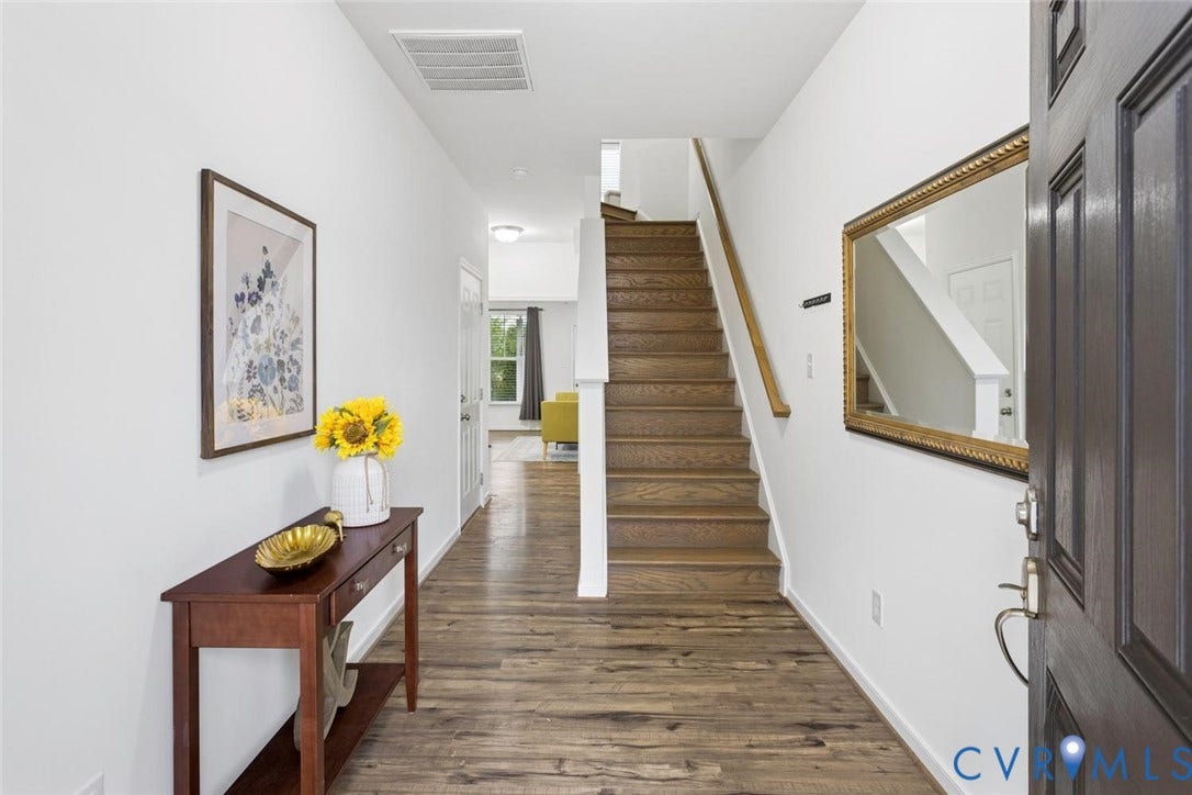 10420 Perennial Drive, Ridgefield Green Townhome, Henrico, VA 23233 Wood-finish flooring throughout, solid wood staircase, and a dark wood entry door