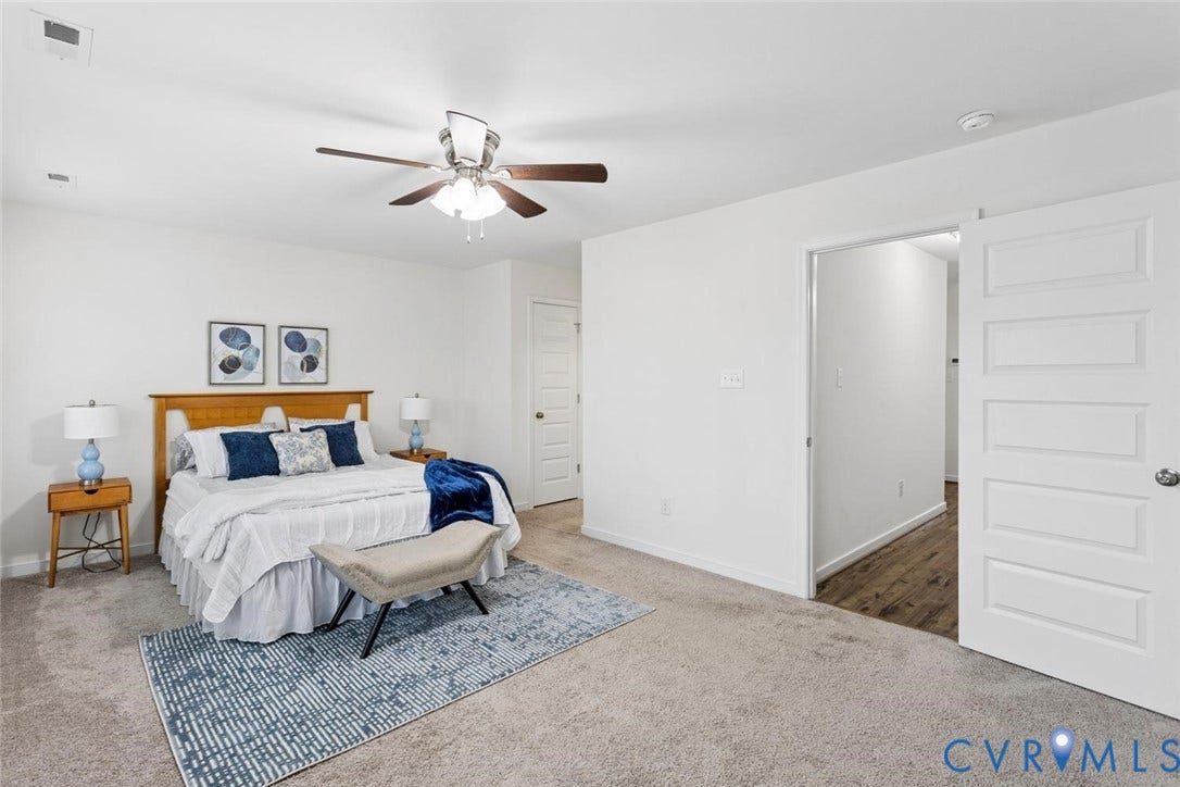 10420 Perennial Drive, Ridgefield Green Townhome, Henrico, VA 23233 Carpeted flooring, white walls, and a ceiling fan with integrated lighting