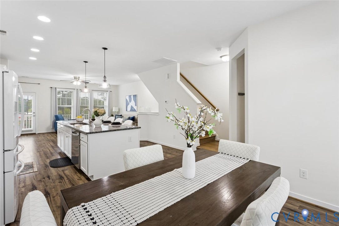 10420 Perennial Drive, Ridgefield Green Townhome, Henrico, VA 23233 Open-concept living area featuring wood-finish flooring, a kitchen island with stone countertops, stainless steel appliances, and recessed lighting