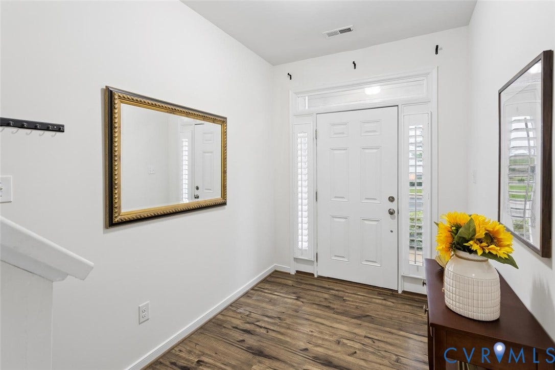 10420 Perennial Drive, Ridgefield Green Townhome, Henrico, VA 23233 Wood-finish flooring throughout, white paneled entry door with sidelights, and a transom window