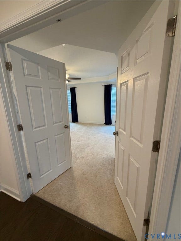 12146 Elnora Lane, Glen Allen, VA 23059 Double panel doors opening to carpeted flooring, featuring a ceiling fan and window treatments