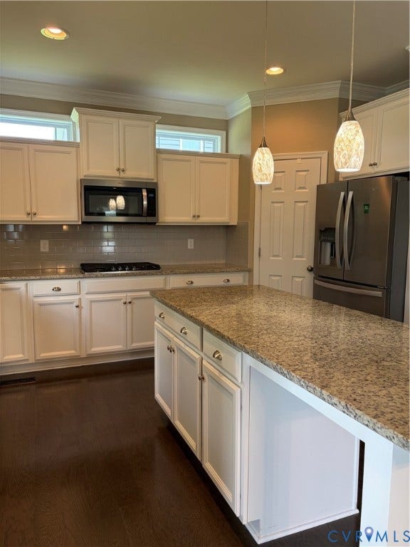 12146 Elnora Lane, Glen Allen, VA 23059 Kitchen featuring granite countertops, white cabinetry, a tile backsplash, stainless steel appliances, and dark wood-finish flooring