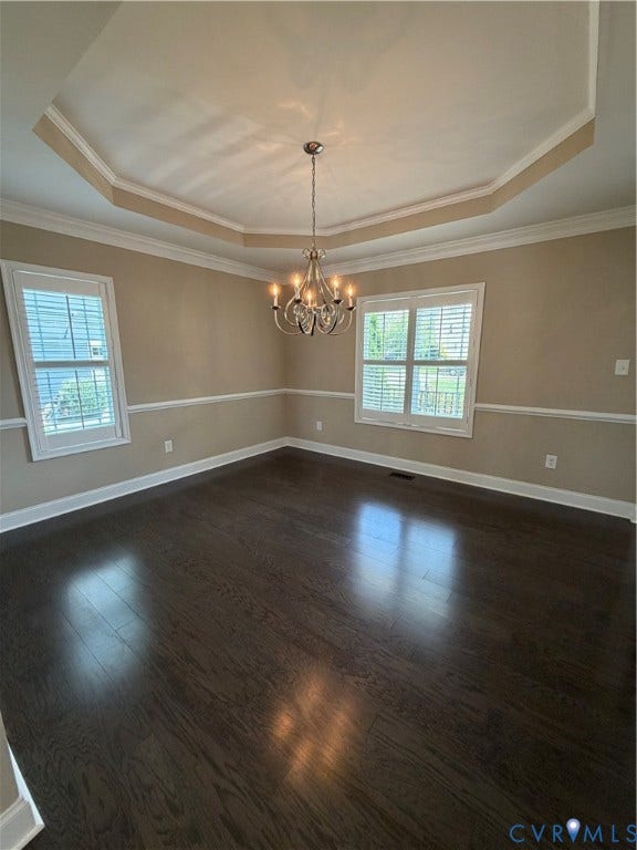 12146 Elnora Lane, Glen Allen, VA 23059 Tray ceiling with crown molding, chandelier lighting, and dark wood-finish flooring