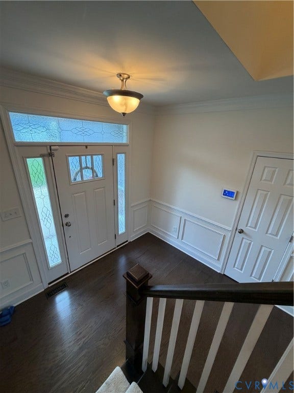 12146 Elnora Lane, Glen Allen, VA 23059 Entryway featuring wood-finish flooring, wainscoting, a paneled door with sidelights, and a semi-flush mount ceiling light
