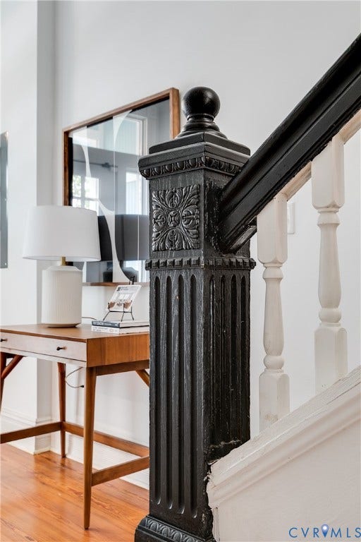 1416 Oakwood Avenue, Church Hill, Richmond, VA 23223 Ornate newel post with detailed carving and fluted column design