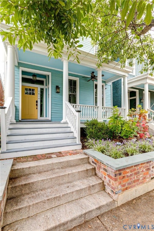 1416 Oakwood Avenue, Church Hill, Richmond, VA 23223 Porch with four white columns, white railings, and a ceiling fan