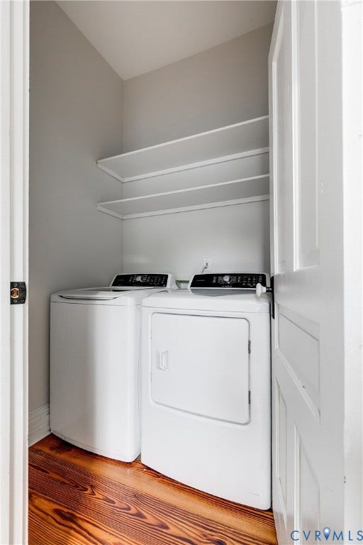 1416 Oakwood Avenue, Church Hill, Richmond, VA 23223 Laundry area featuring wood-finish flooring and integrated shelving