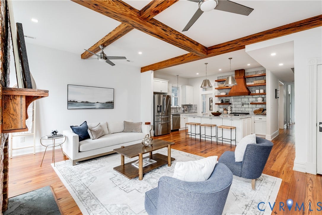 1416 Oakwood Avenue, Church Hill, Richmond, VA 23223 Exposed wood ceiling beams, hardwood flooring, recessed lighting, ceiling fans, and a brick fireplace