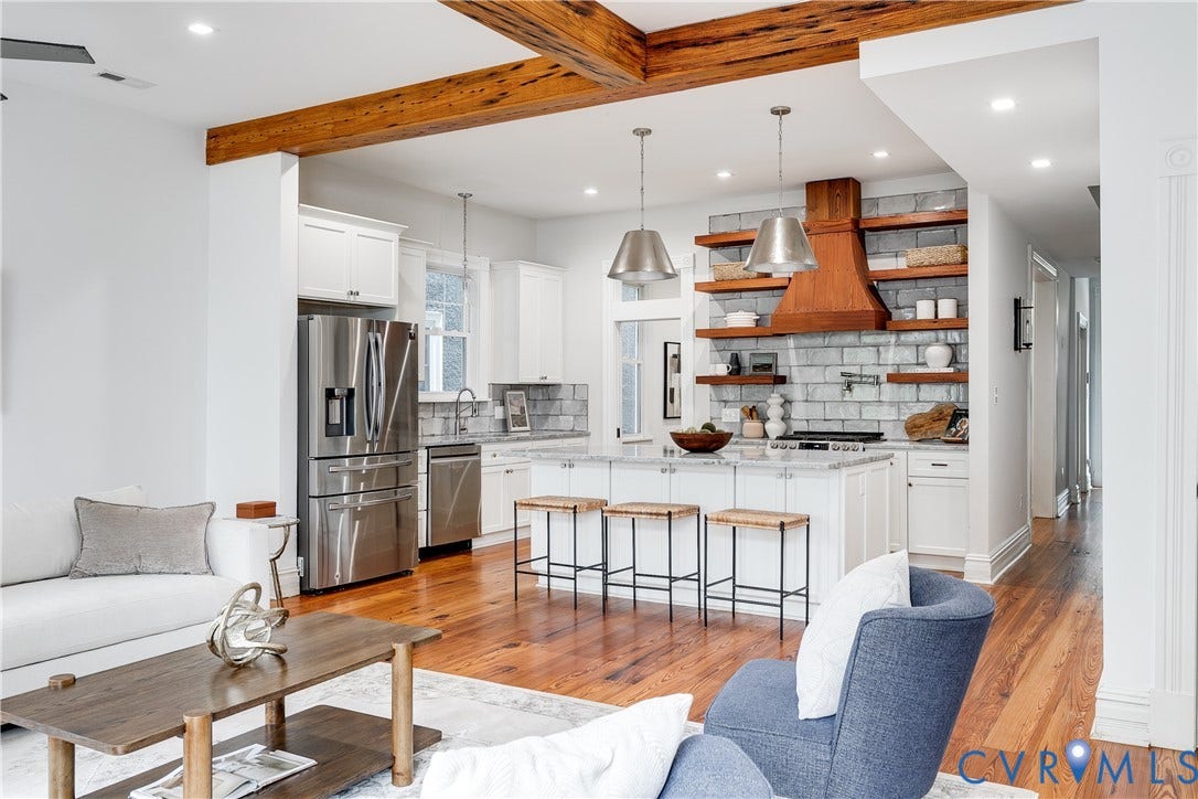 1416 Oakwood Avenue, Church Hill, Richmond, VA 23223 Wood-finish flooring, exposed ceiling beams, white cabinetry, stainless steel appliances, and a central kitchen island with pendant lighting