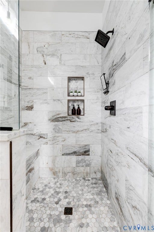 1416 Oakwood Avenue, Church Hill, Richmond, VA 23223 Shower with large format tile walls and hexagonal floor tiling