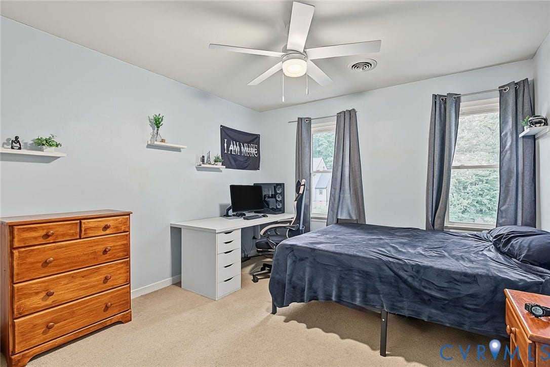 4706 Jacobs Glenn Drive, North Chesterfield, VA 23236 Bedroom 2 with carpet, ceiling fan, large windows, and a generous closet