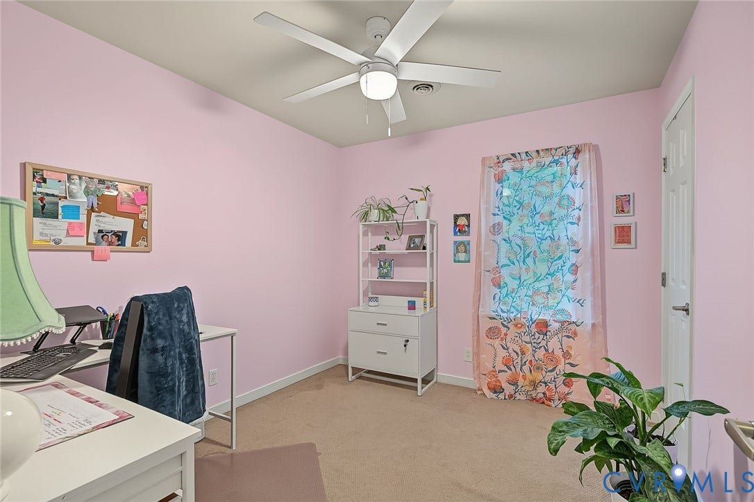 4706 Jacobs Glenn Drive, North Chesterfield, VA 23236 Bedroom 4, currently used as a home office, with carpet, ceiling fan, and closet