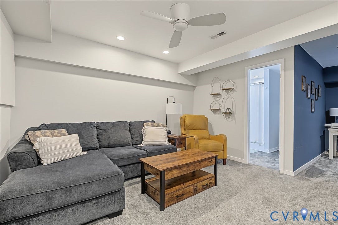 4706 Jacobs Glenn Drive, North Chesterfield, VA 23236 Remodeled in 2018, the Basement Rec Room has carpet, ceiling fan, recessed lighting, an office nook, and a full bath
