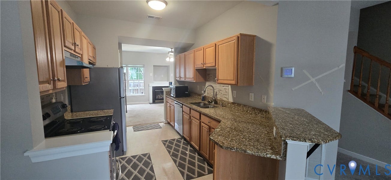 5506 Millwheel Lane, Henrico, VA 23228 Kitchen featuring wood cabinetry, stainless steel appliances, granite-style countertops, tile backsplash, and light-tone flooring