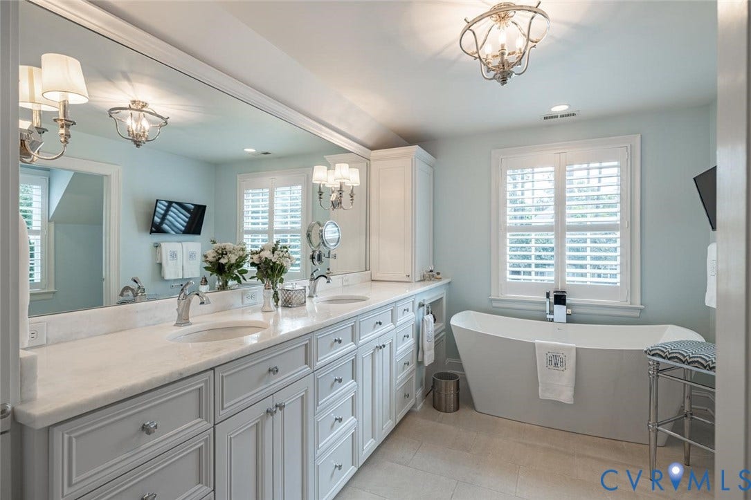 White Thassas marble counters, heated travertine floors