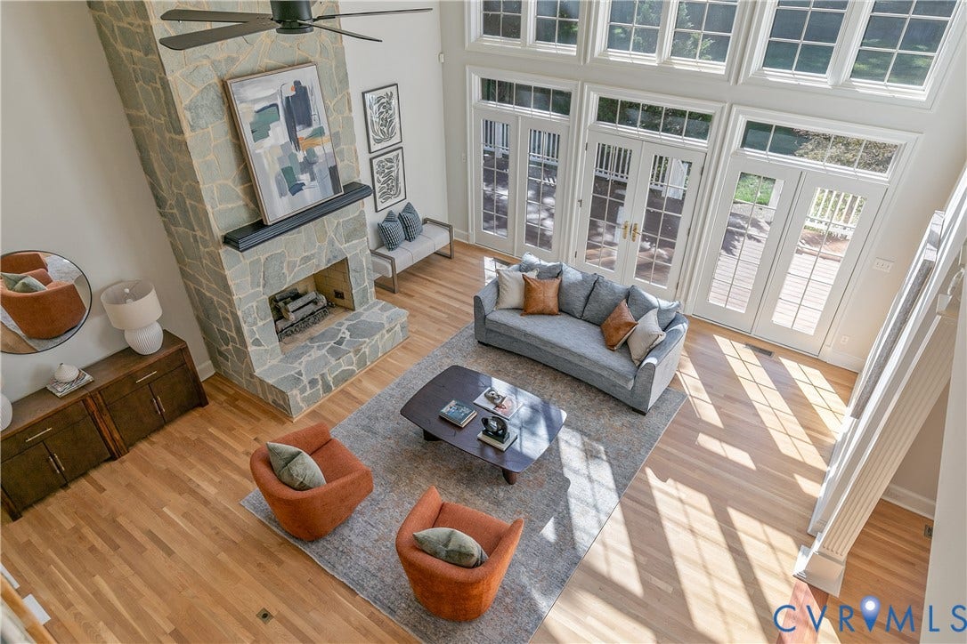 2621 Glenalmond Court, Powhatan, VA 23139 Vaulted ceiling with an exposed stone fireplace, wood-finish flooring, and multiple French doors with transom windows