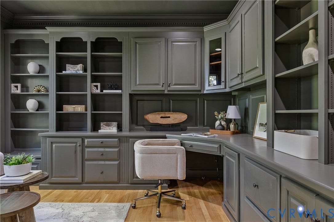 2621 Glenalmond Court, Powhatan, VA 23139 Built-in cabinetry with extensive shelving, integrated desk, display shelving, paneling, and wood-finish flooring