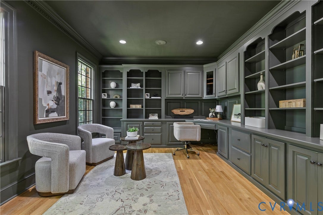 2621 Glenalmond Court, Powhatan, VA 23139 Extensive custom built-in cabinetry, elegant crown molding, recessed lighting, wood-finish flooring, and double-hung windows