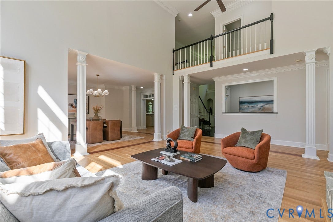 2621 Glenalmond Court, Powhatan, VA 23139 Two-story living area with hardwood flooring, decorative columns, and an open balcony overlooking the space