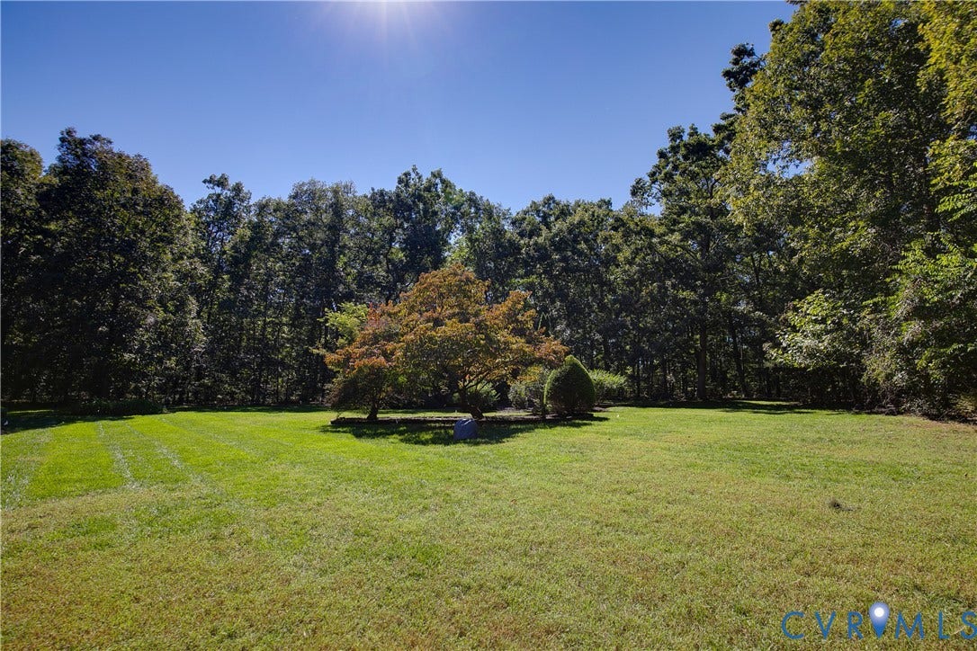 2621 Glenalmond Court, Powhatan, VA 23139 Expansive grassy area with a mature deciduous tree and evergreen shrubs, bordered by a dense tree line