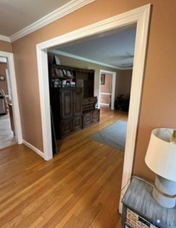 3732 Birdwood Road, Brookbury, Richmond, VA 23234 Hardwood flooring extending through a wide doorway, accented by crown molding and baseboards