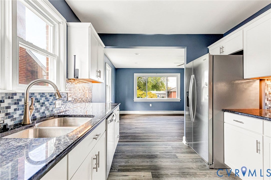 507 Walnut Avenue, Walnut Court, Colonial Heights, VA 23834 White shaker-style cabinetry with brushed nickel hardware, double basin stainless steel sink with a gooseneck faucet, patterned tile backsplash, dark polished countertops, and wood-finish flooring