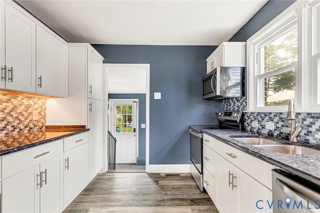 507 Walnut Avenue, Walnut Court, Colonial Heights, VA 23834 Galley kitchen featuring white cabinetry, wood-finish flooring, stainless steel appliances, a dual-basin sink, and patterned tile backsplashes
