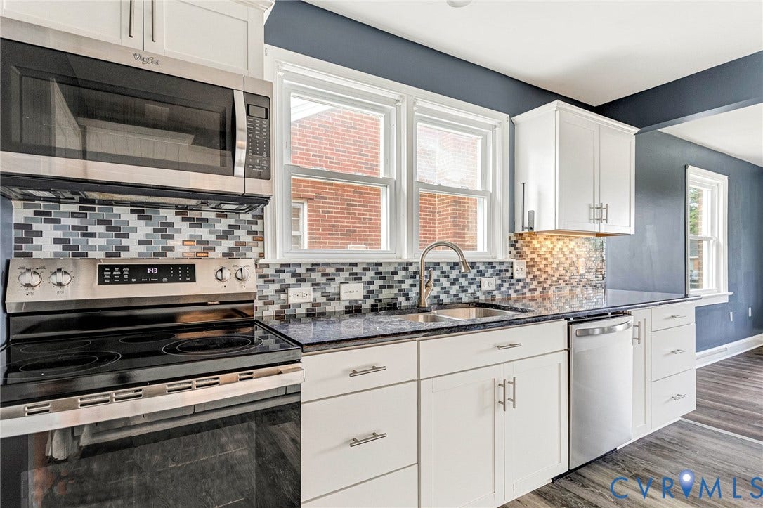 507 Walnut Avenue, Walnut Court, Colonial Heights, VA 23834 White cabinetry with brushed nickel hardware, stainless steel appliances, mosaic tile backsplash, and dark speckled countertops