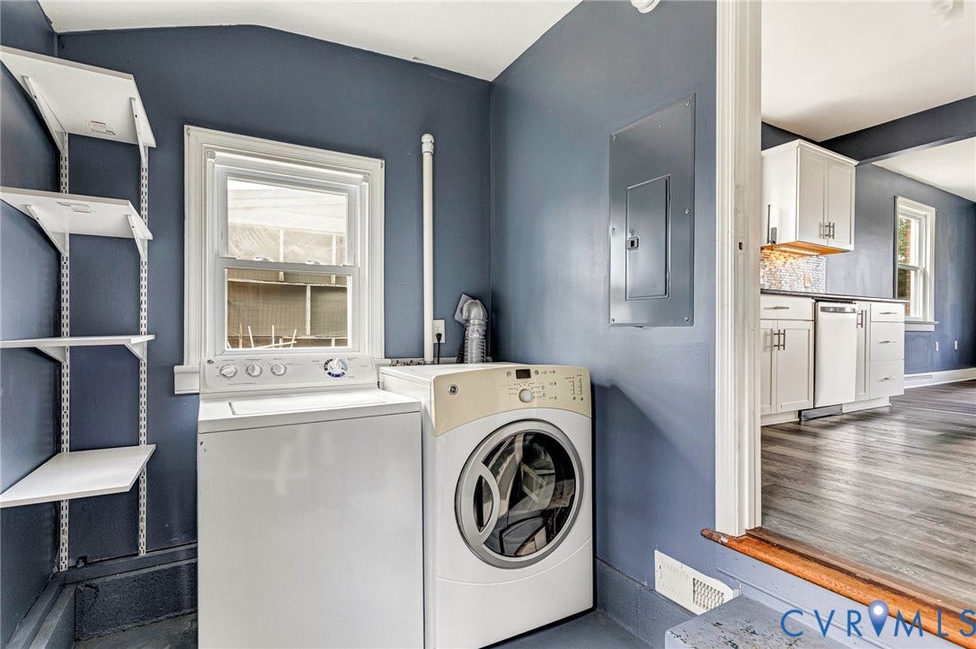507 Walnut Avenue, Walnut Court, Colonial Heights, VA 23834 Dedicated laundry area with a window, wall-mounted adjustable shelving, and a utility panel