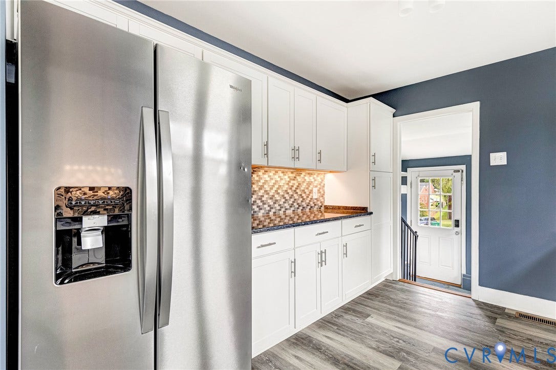 507 Walnut Avenue, Walnut Court, Colonial Heights, VA 23834 Stainless steel side-by-side refrigerator, white shaker-style cabinetry, mosaic tile backsplash, dark countertops, wood-finish flooring