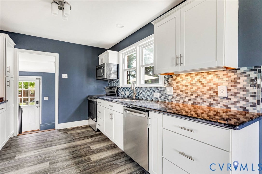 507 Walnut Avenue, Walnut Court, Colonial Heights, VA 23834 Modern kitchen featuring white cabinetry, dark countertops, wood-finish flooring, a mosaic tile backsplash, and stainless steel appliances