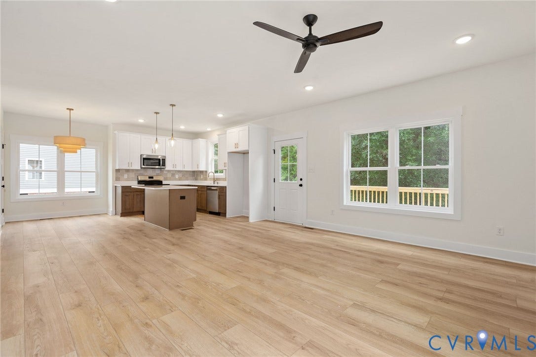 7603 Oster Drive, Chamberlayne Farms Area, Henrico, VA 23227 Open-concept living area with wood-finish flooring, recessed lighting, and a ceiling fan
