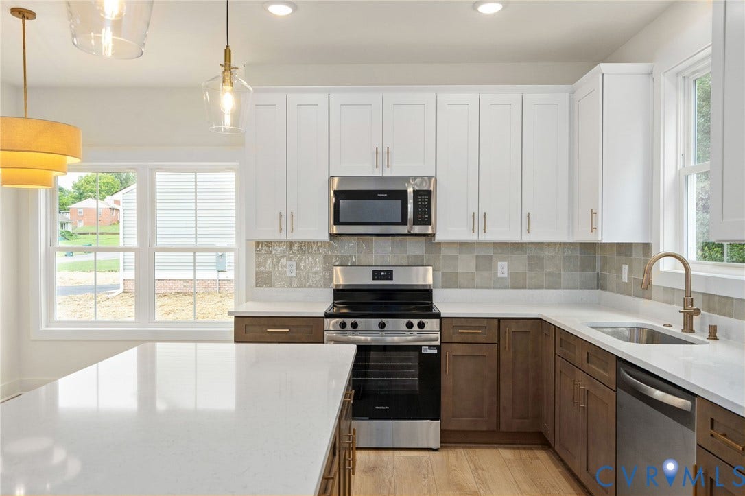7603 Oster Drive, Chamberlayne Farms Area, Henrico, VA 23227 Kitchen featuring white shaker cabinetry, stainless steel appliances, a tile backsplash, light wood-finish flooring, and a large white countertop
