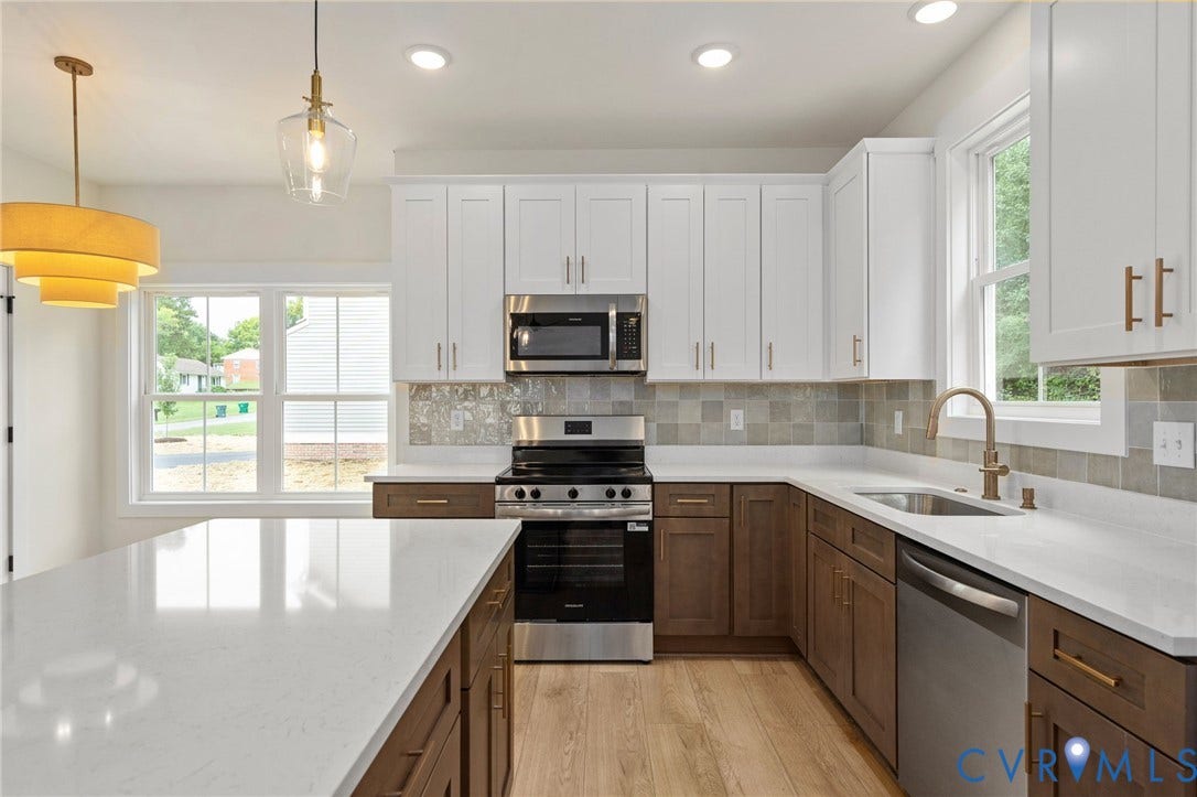 7603 Oster Drive, Chamberlayne Farms Area, Henrico, VA 23227 Kitchen featuring a two-tone cabinetry design, stainless steel appliances, a tile backsplash, white countertops, and wood-finish flooring