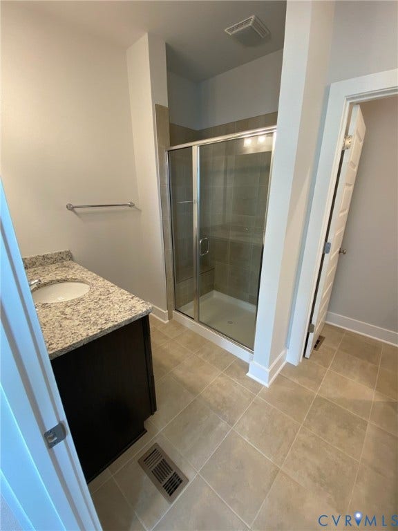 2701 St Elias Drive, #B, Richmond, VA 23294 Bathroom featuring a single vanity with stone countertop, undermount sink, dark wood-finish cabinetry, and a glass-enclosed shower