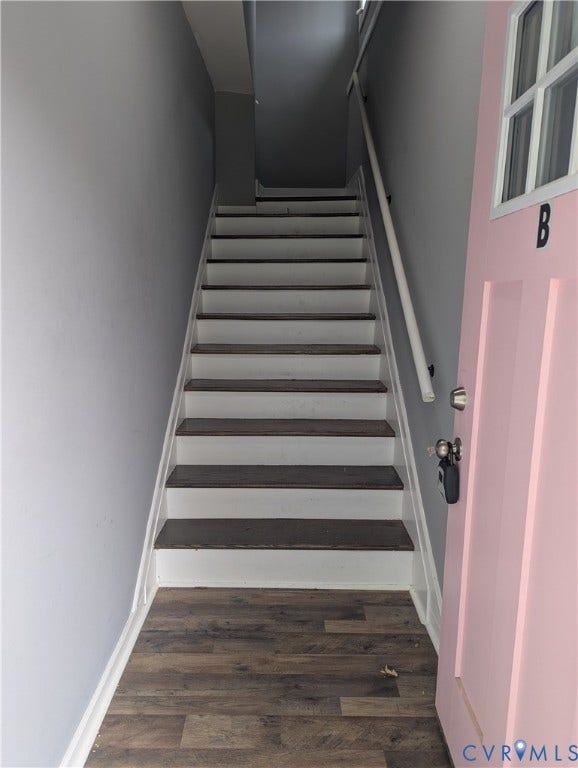 4202 Chamberlayne Avenue, Richmond, VA 23227 Wood-finish flooring, two-tone staircase, interior railing, and a windowed door with exterior hardware