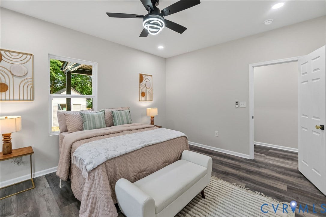 1146 Willcox Street, Petersburg, VA 23803 Bedroom featuring wood-finish flooring, light gray walls, a ceiling fan with integrated lighting, recessed lighting, and a white paneled door