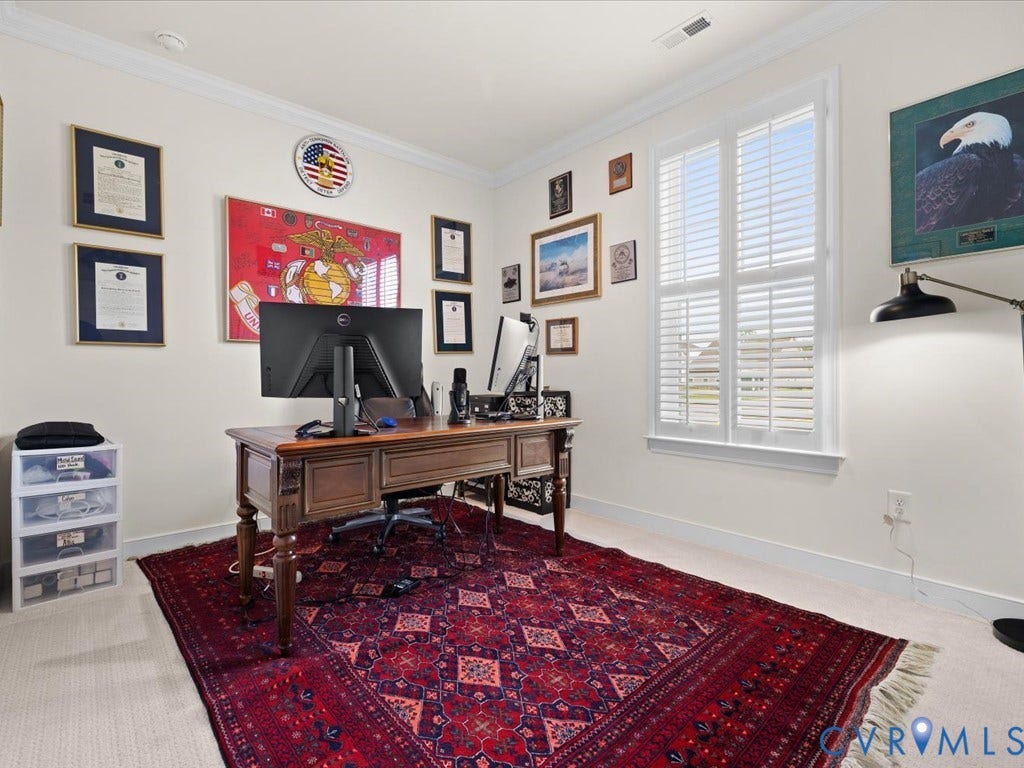 1801 Outrigger Drive, Meadowville Landing, Chesterfield, VA 23836 Crown molding, light-toned wall paint, plantation shutters, window with white trim, and light-colored carpeting