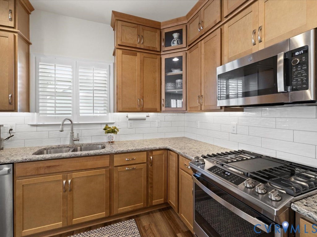 1801 Outrigger Drive, Meadowville Landing, Chesterfield, VA 23836 Kitchen featuring wood-finish cabinetry, granite-style countertops, stainless steel appliances, a tile backsplash, and a double basin sink
