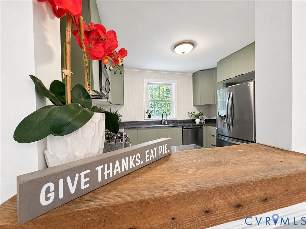518 Central Terrace, Hopewell, VA 23860 Kitchen featuring sage green cabinetry, dark countertops, a stainless steel refrigerator, and a stainless steel dishwasher