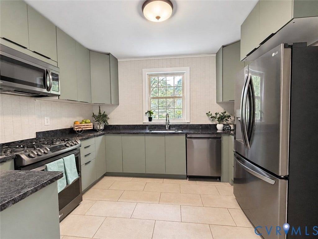 518 Central Terrace, Hopewell, VA 23860 Contemporary kitchen featuring light green cabinetry, dark stone countertops, stainless steel appliances, and a tiled backsplash
