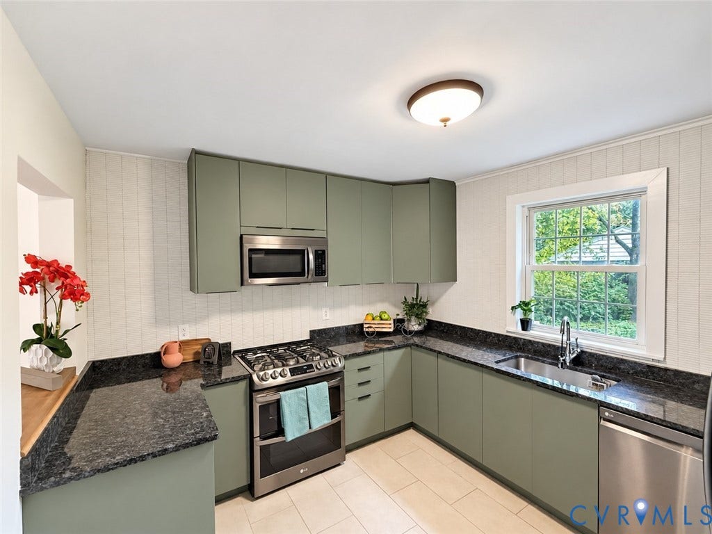 518 Central Terrace, Hopewell, VA 23860 Kitchen featuring sleek green cabinetry, dark countertops, stainless steel appliances, and tile flooring