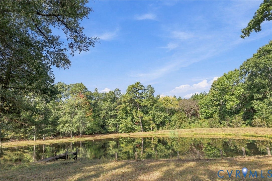 Tranquil pond with a fishing dock