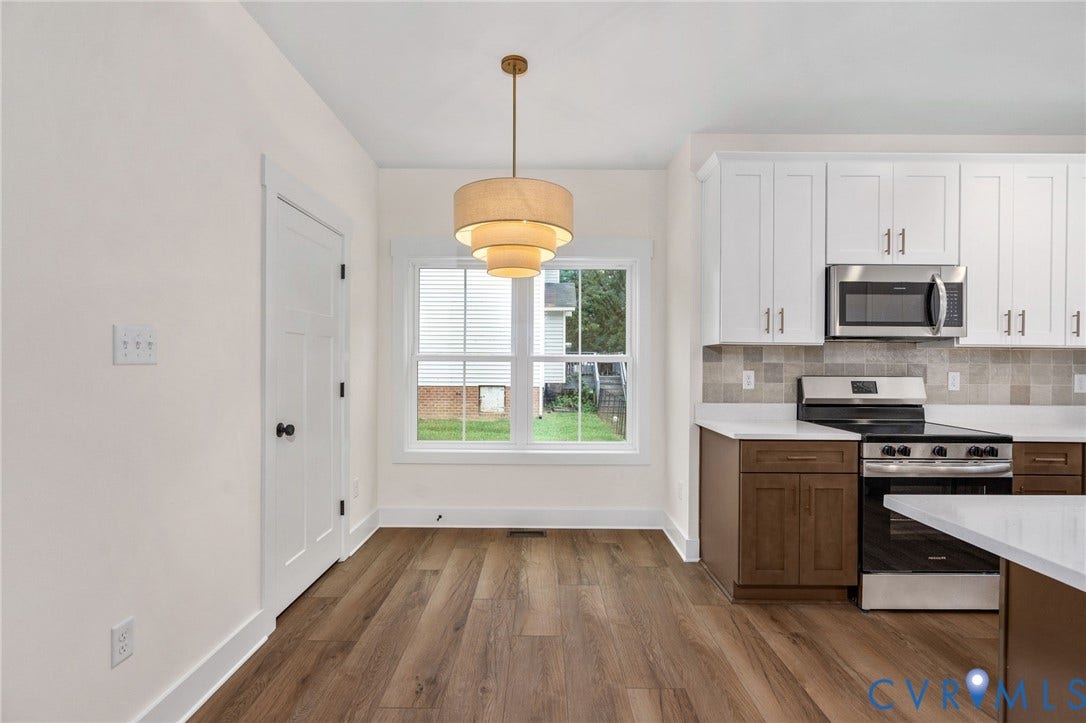 7605 Oster Drive, Chamberlayne Farms Area, Henrico, VA 23227 Open-concept kitchen with wood-finish flooring, white cabinetry, stainless steel appliances, and a tiled backsplash