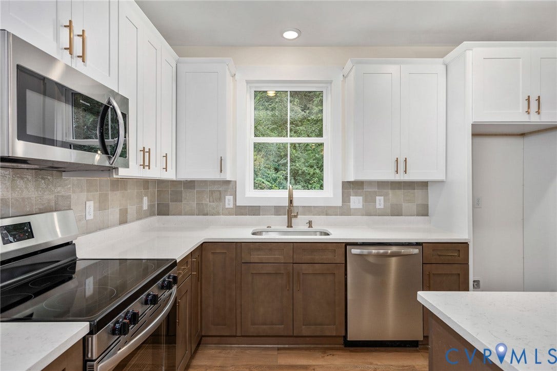 7605 Oster Drive, Chamberlayne Farms Area, Henrico, VA 23227 Kitchen featuring stainless steel appliances, two-tone cabinetry with gold-finish hardware, light-toned countertops, and a tiled backsplash