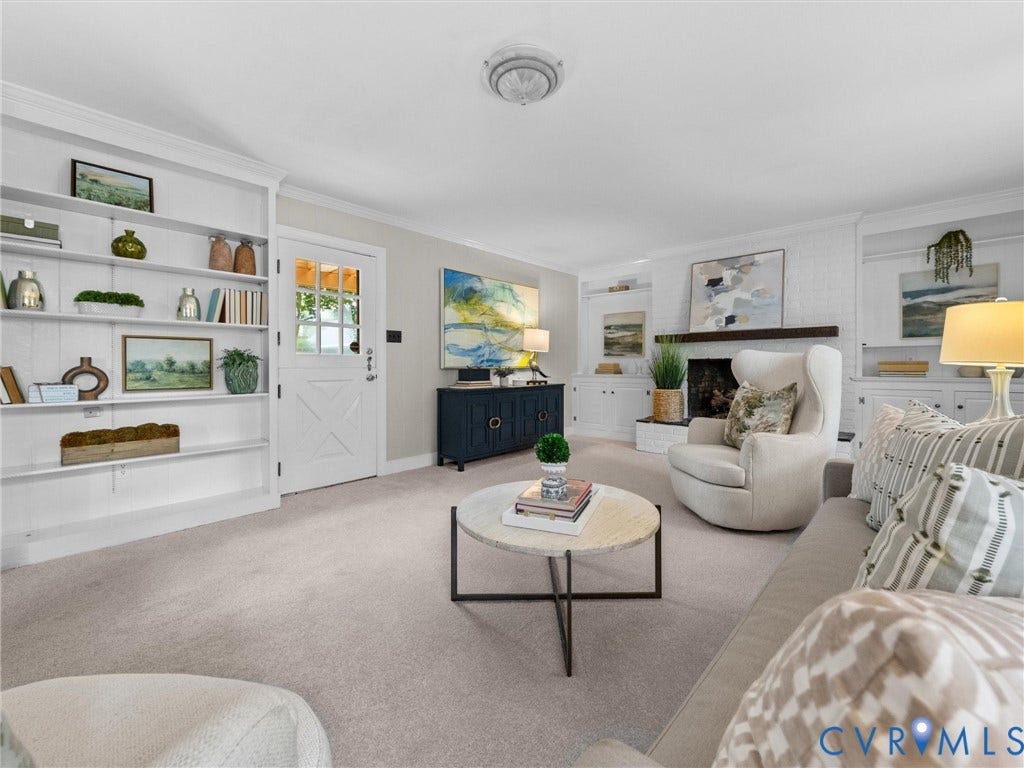 1113 E Durwood Crescent, Tuckahoe Area, Henrico, VA 23229 Built-in shelving, white paneled walls, a fireplace with a wood mantle, and a white Dutch door entrance